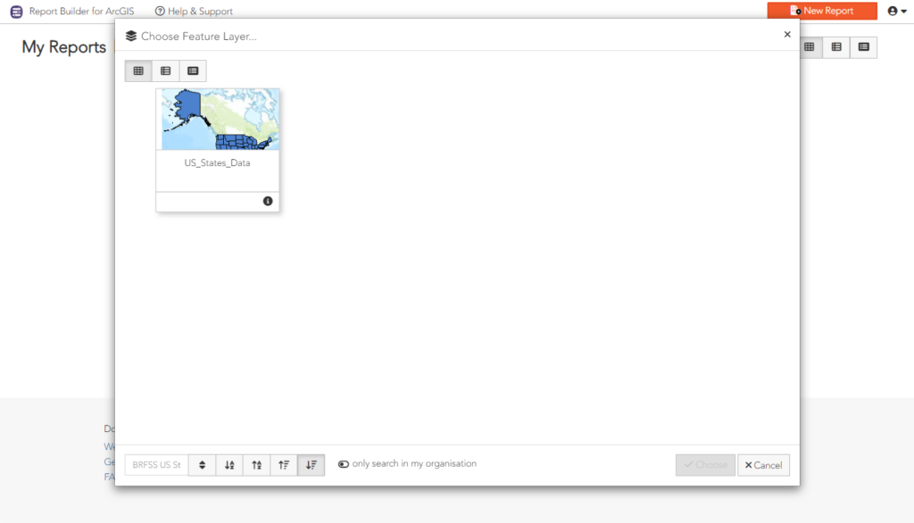 Report Builder for ArcGIS Choose Feature Layer screen
