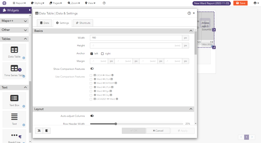 Report Builder for ArcGIS Widget Settings screen